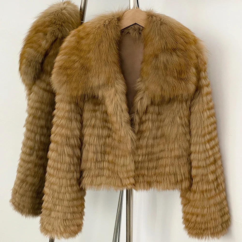 OFTBUY Neue Luxuriöse Winter-Oberbekleidung für Damen, Kurze Handgestrickte Echtfuchs-Pelzjacke mit Großem Weitem Revers, Flauschiger Kurzmantel für Damen – Detail 8