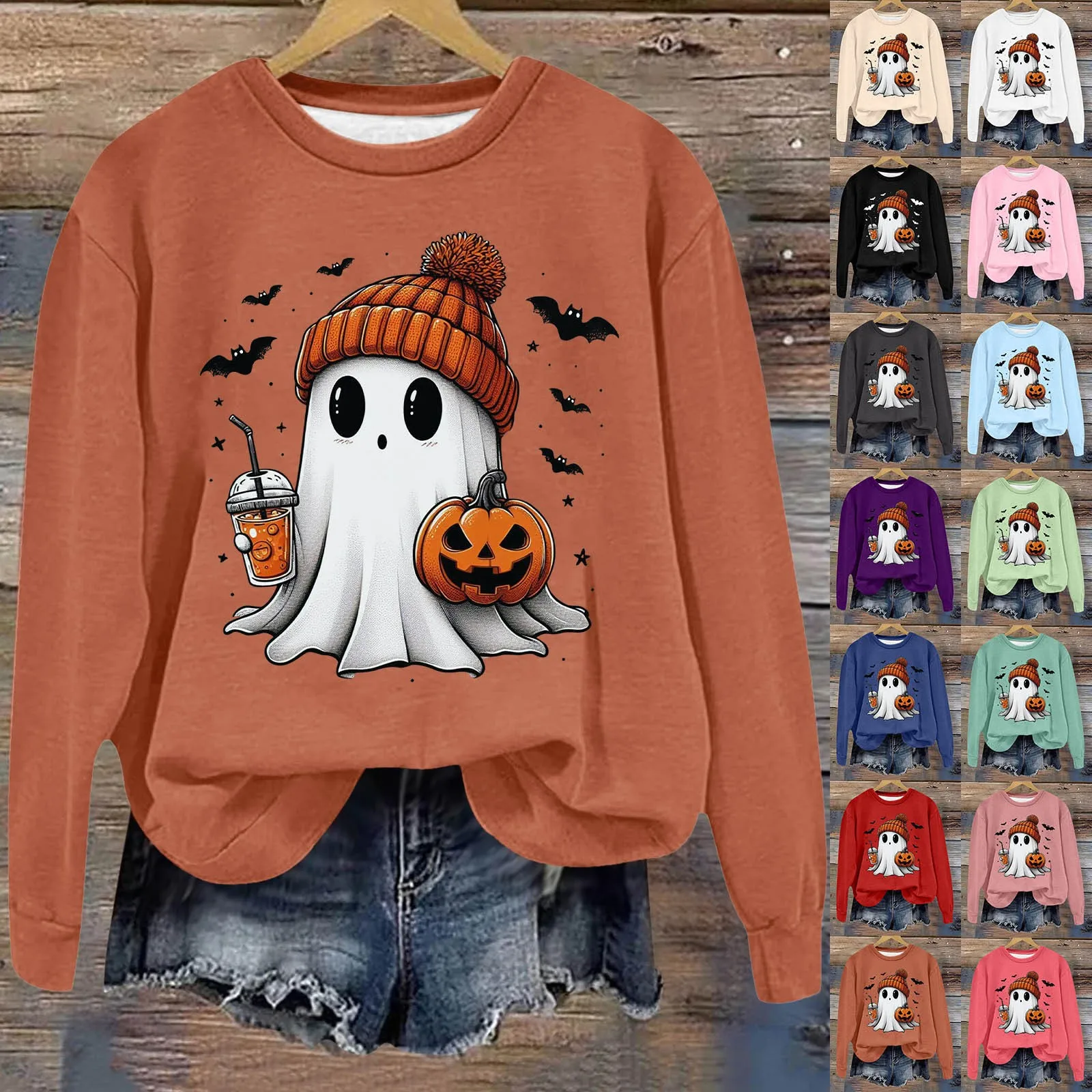 New Women's Hoodies Halloween Ghost Pumpkin Bat Print Round Neck Pullovers Ladies Autumn Winter Casual Festival Sweatshirt y2k