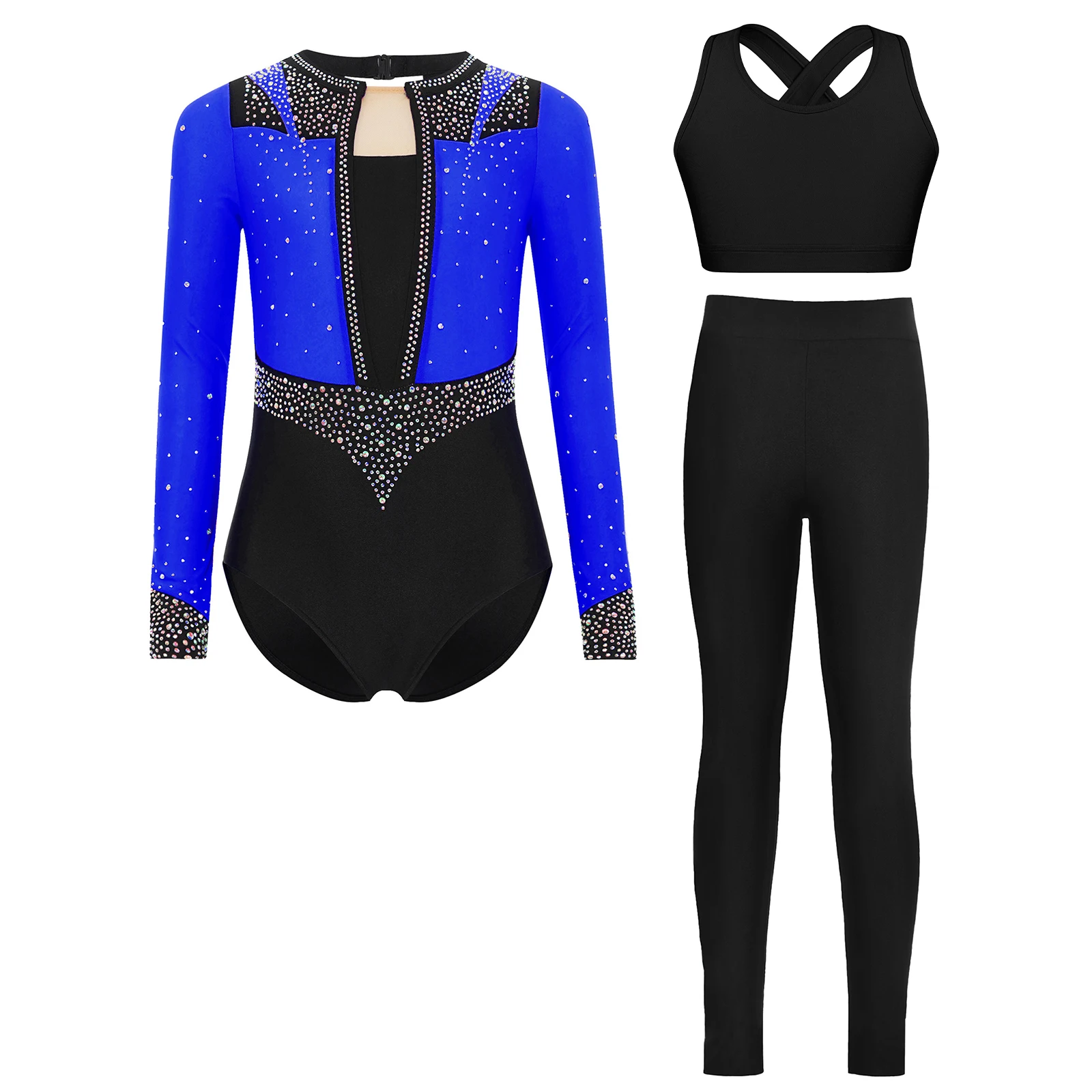 

Детский гимнастический наряд из трех предметов для девочек, блестящий купальник в стиле пэчворк с длинными рукавами и замочной скважиной на спине + жилет, топ + леггинсы, танцевальная одежда для фигурного катания