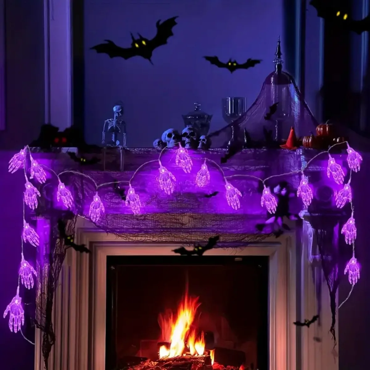 1pc 20LED Halloween Skeleton Hand Battery Powered String Light Horrible Atmosphere Skull Hand Lamp For Home Patry Yard Decor