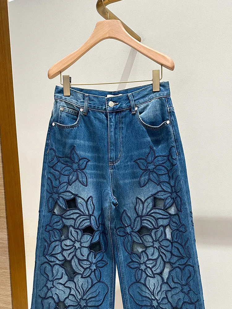

High Waist Embroidered Floral Hollow out Denim Pants for Women Casual Sle hine Embroidery Wide Leg Pants Denim Blue