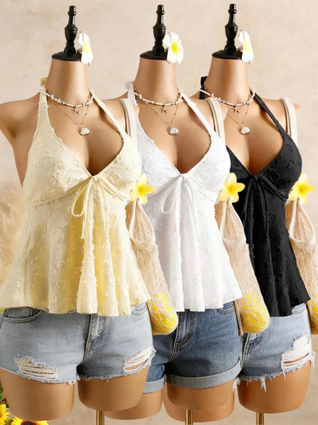 

3pcs Women Halter V Neck Front Tie Ruffle Hem Camisole Textured Solid Color Sleeveless Summer Beach Casual Peplum Tank Tops