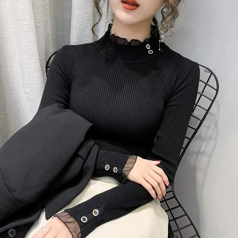 Women Autumn Lace Mock Neck Fashionable Slim Bottoming Shirt Women Clothes Fashion Hollow Out Long Sleeve Pullover Knittin Tops