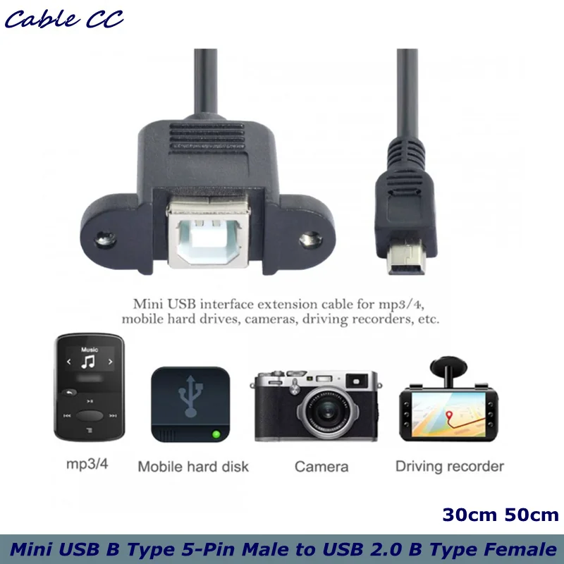 Mini USB 5pin Male to USB B Female Panel Mount Type Cable 20cm with Screws
