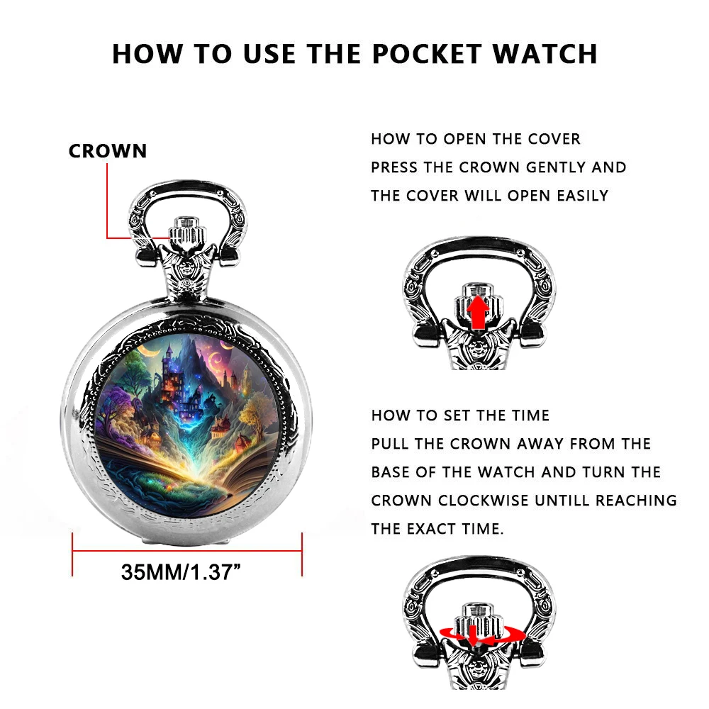 Retro Exquisite Magic Book Castle Design Medium Pocket Watch Necklace Kids Birthday Gift Pocket Watch Pendant Fashionable
