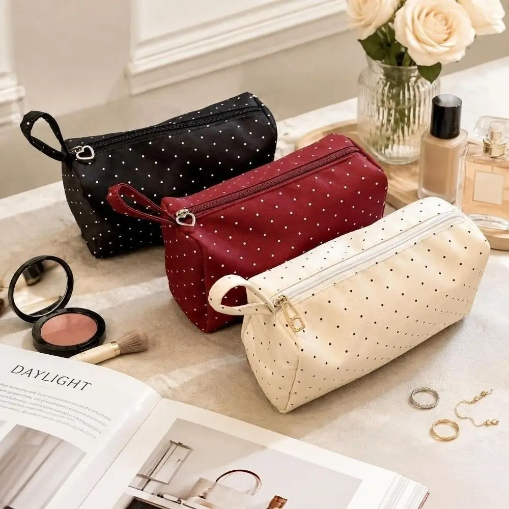 Polka Dot Cosmetic Bag Large Capacity Splash Resistant Makeup Handbag Zipper Closure Lightweight Toiletry Pouch Daily Use