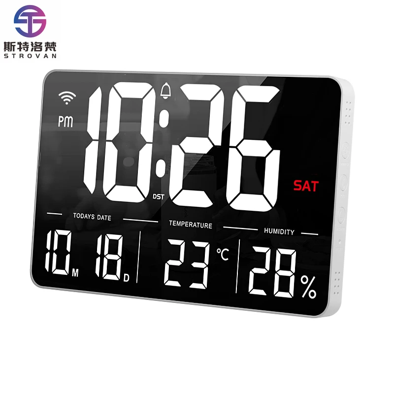 

Large LED Wall Clock Mobile APP Operation Electrical Calendar Day Humidity Temperature Display 170° Full Viewing Alarm Clock