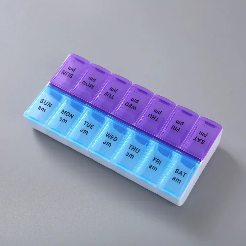 Portable Braille Dual Color Medicine Packaging Box 7 Days A Week 14 Grid Plastic Anti Drop Box in The Morning and Evening