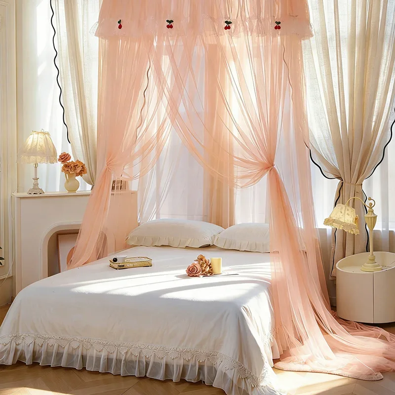 Princess Pink Bed Canopy Mosquito Net Summer Hung Dome Encryption Mesh Anti-Mosquito Bed Cover Home Decor No Installation Needed