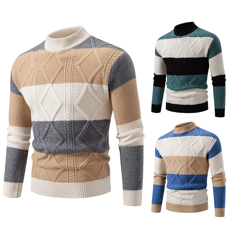 2025 Mens Autumn Winter New Fashion Trend Color Block Weaving Cotton Knitted Sweater Streetwear