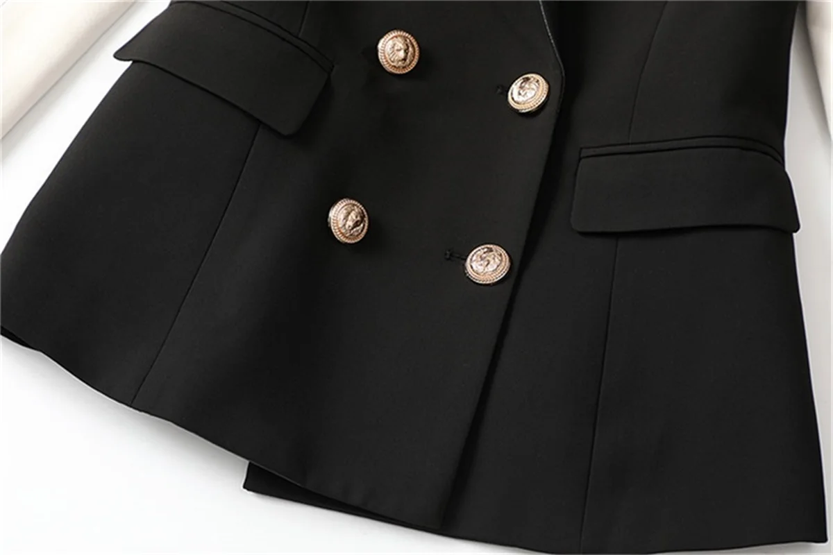 Blazer d'école imbibé de patchwork noir et blanc pour femmes, uniforme de baseball, veste à double boutonnage, manteau de style académique, en stock