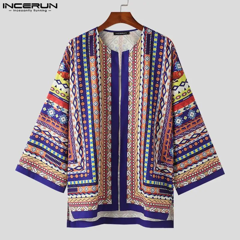 INCERUN Men Sets Ethnic Style Printing 3/4 Sleeve Cardigan Shirt & Pants 2PCS 2024 Steetwear Loose Vacation Men\'s Casual Suits