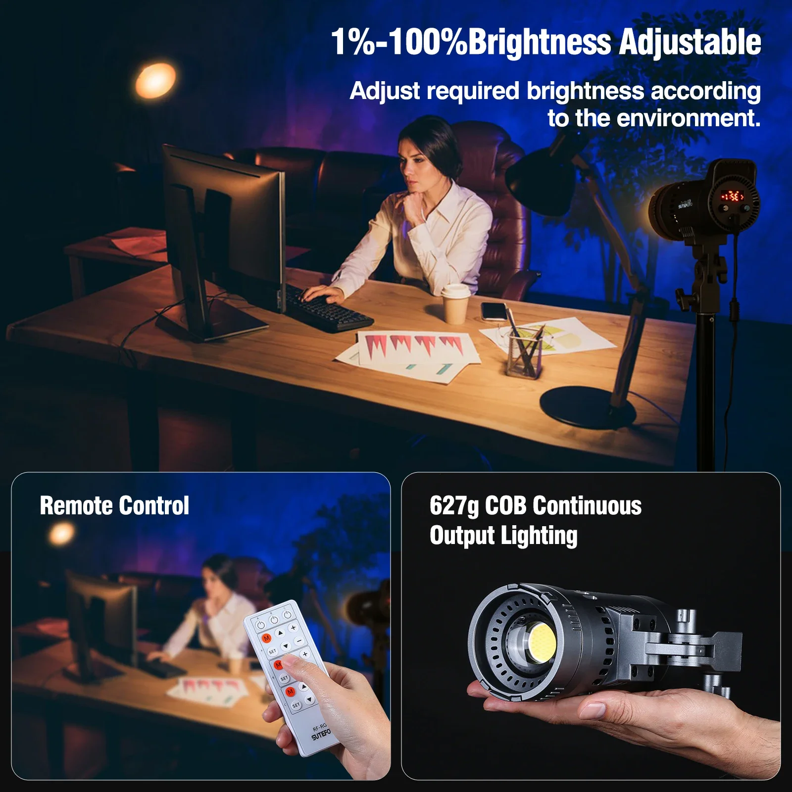 Sutefoto TJ-55 Video Light 55 Вт двухцветная лампа с фокусным расстоянием 3200K-5600K±200K CRI/TLCI 97+ COB Студийный светильник для фотографии Заполняющий светильник
