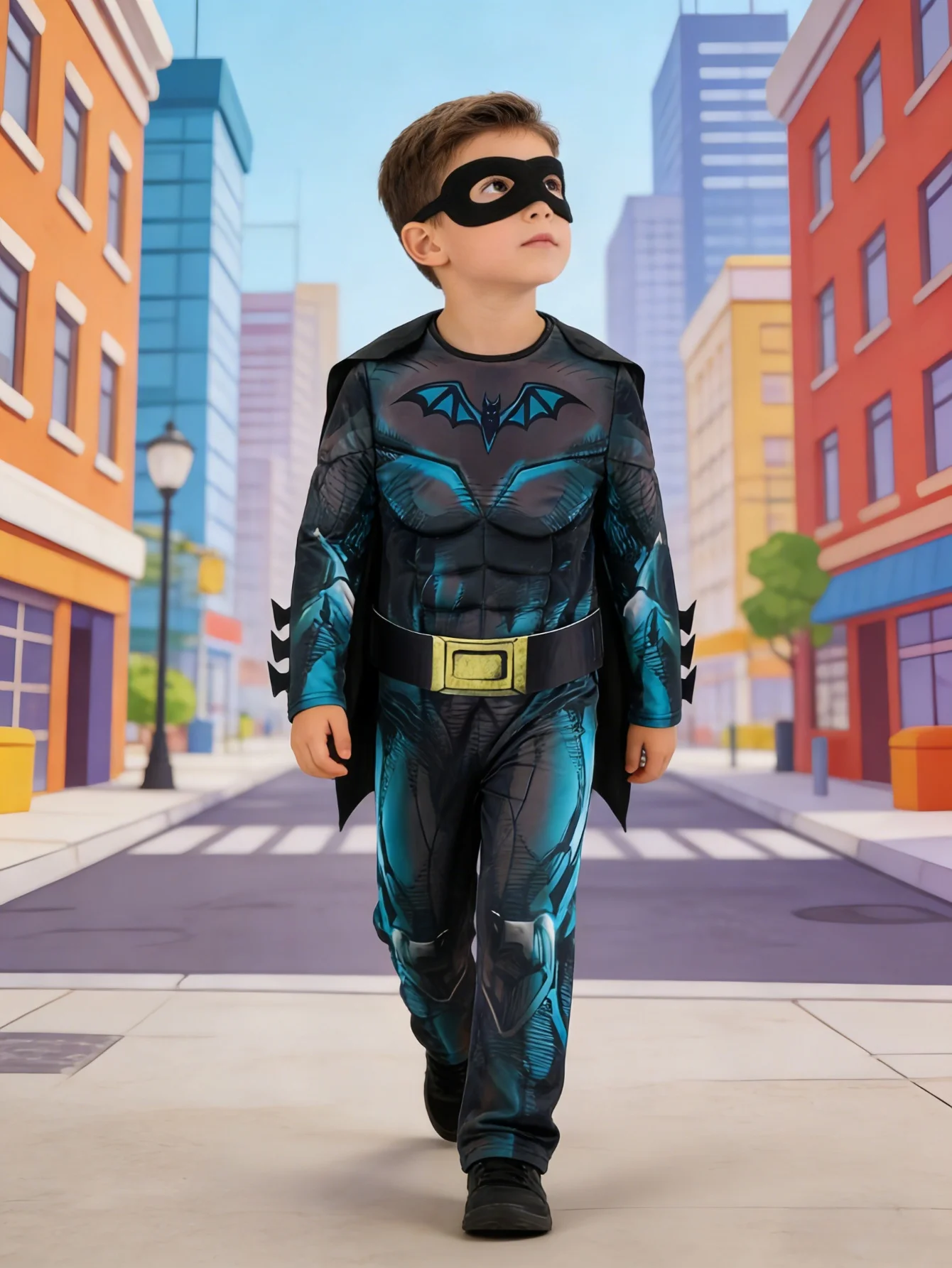 Conjunto de Disfraz de Músculos Pectorales Deluxe para Niños: Mono Acolchado con Estampado Digital de Músculos Pectorales + 1 Capa de Color Sólido + 1 Conjunto de Máscara, con Patrones Realistas Impresos en 3D en Toda la Superficie, Mono de Disfraz para Fiestas, Disfraz para Fiestas de Halloween