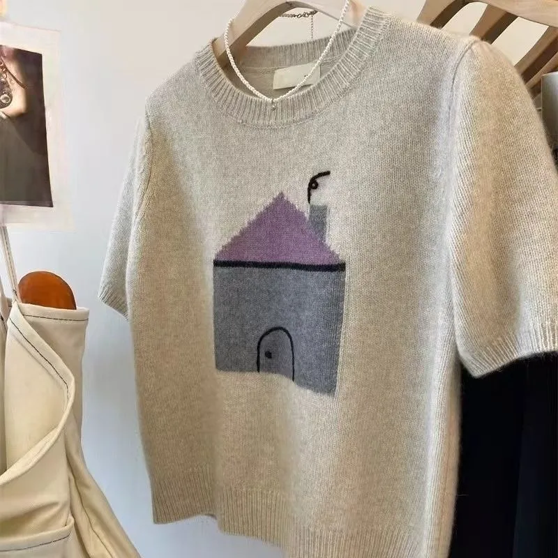 

Women's Soft Crew Neck Short Sleeve Knit Sweater Loose Shoulder-Flattering Casual Top