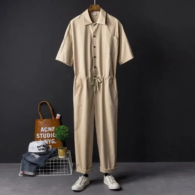 Summer Men's Sets Casual Men's Jumpsuit Solid Color Safari Style Single Breasted Lapel Short Sleeved Lace Up Ankle Length Pants