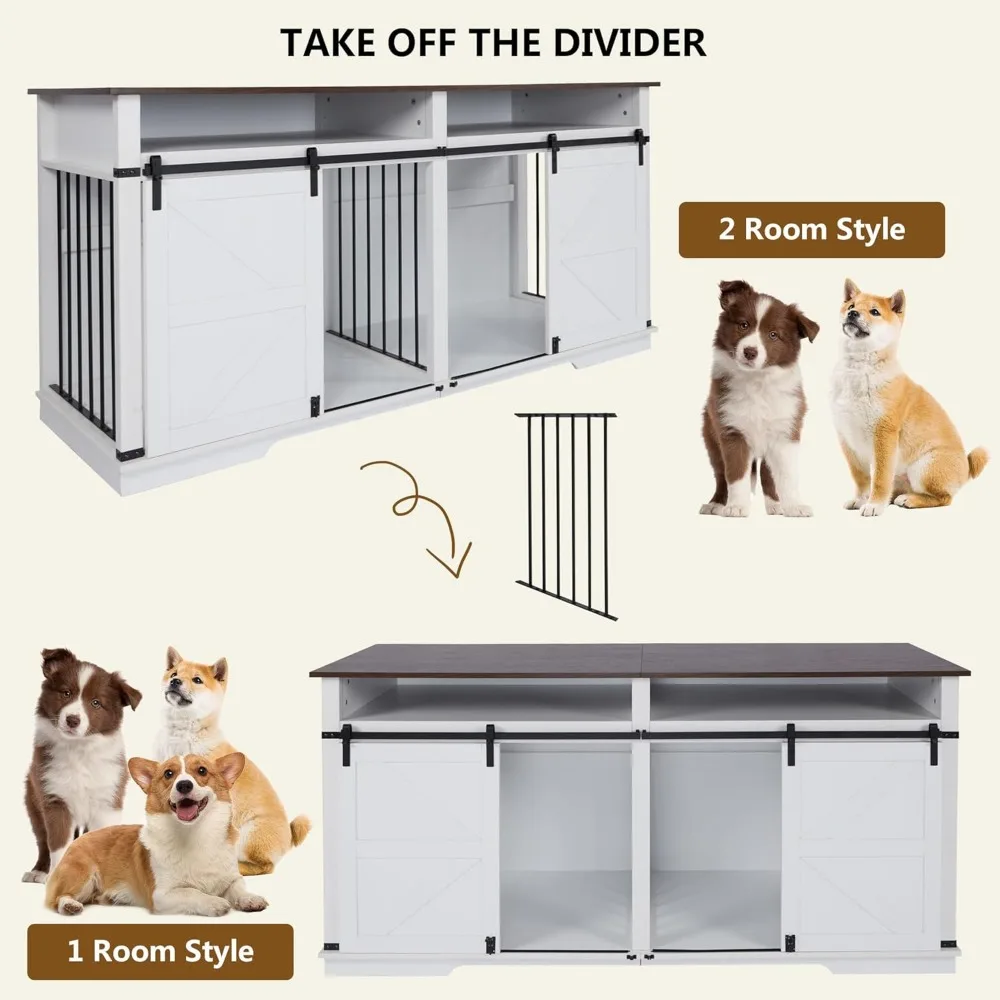 large double dog crate furniture 72.4" indoor dog kennel with sliding barn door and divider,heavy duty dog crate wooden tv stan