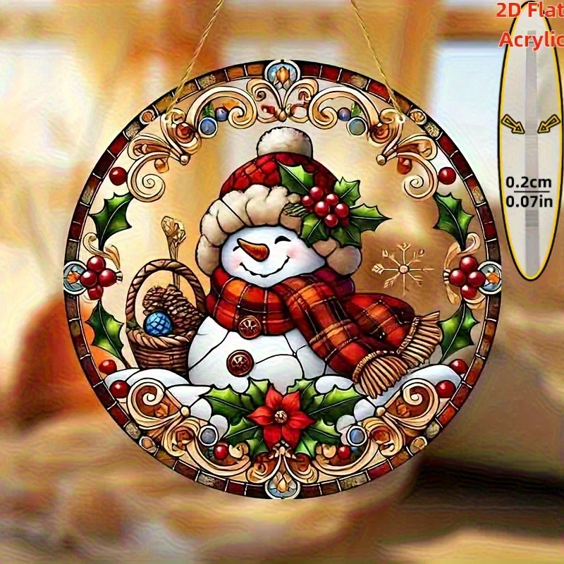 Acrylic Painting Cute Smiling Snowman with Plaid Scarf, Holly Berries and Festive Basket Stained Glass Style 2D Flat Round Hangi