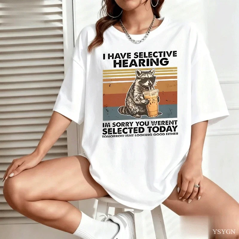 I Have Selective Hearing Sorry You Weren't Selected Today T-Shirt Funny Coffee Cat Retro Tee Shirt Short Sleeve Male Tees Tops
