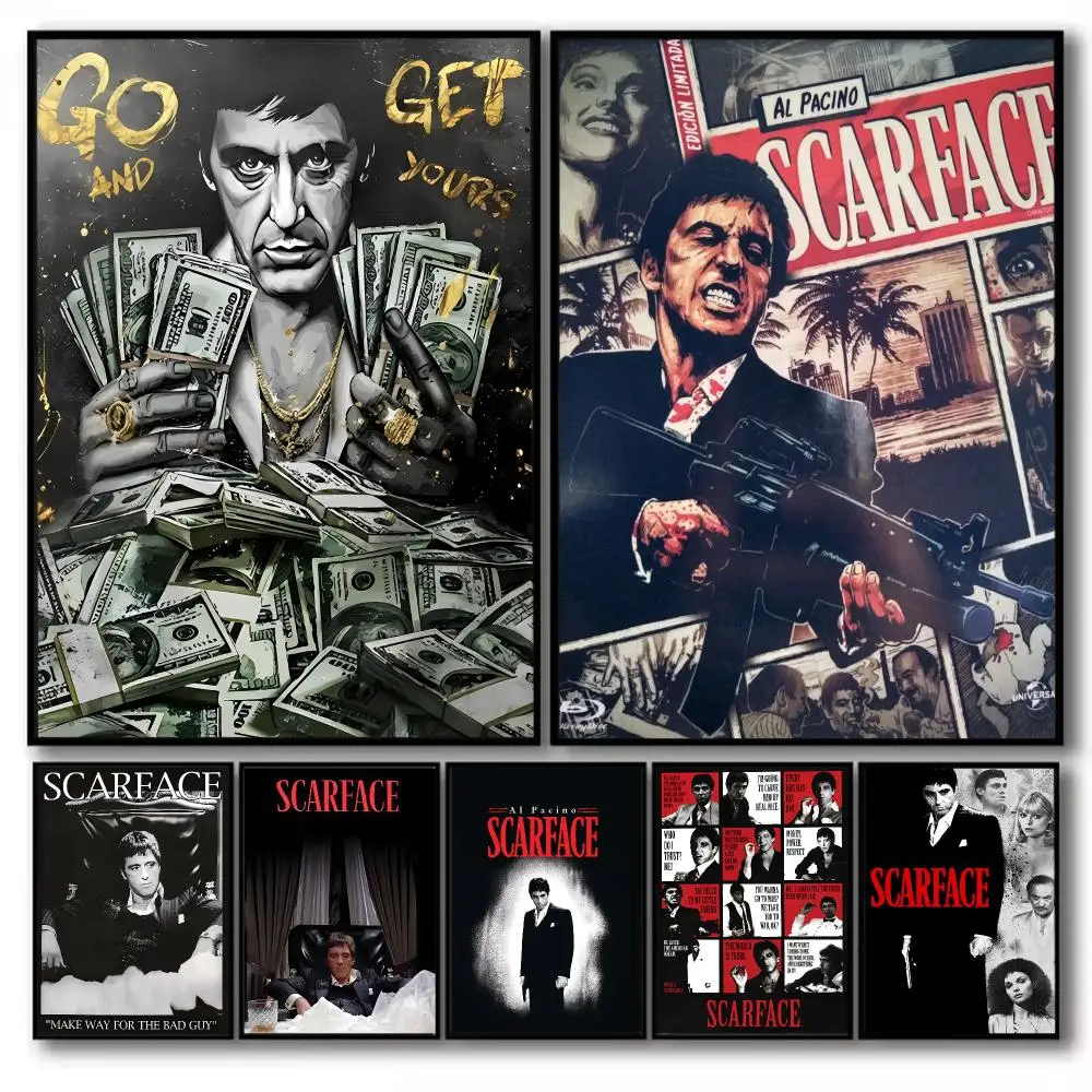 S-Scarface Movie Poster Stickers Self-Adhesive Painting Mural Decor Wall Decals for Bedroom Living Room Home HD Gift