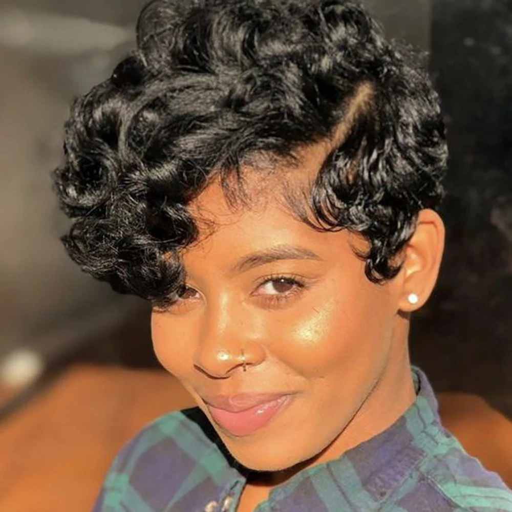 Black Short Curly Pixie Wigs Human Hair 100% Natural Realistic Full Machine Made For Women Bouncy Curl Style Trendy Daily