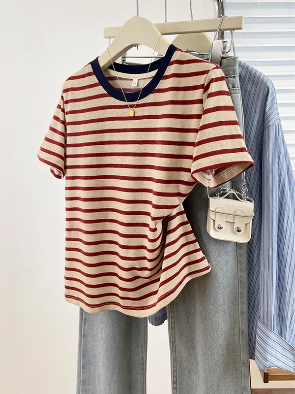 Sommer 2025, neu, Übergröße, gerader Schnitt, schlankmachendes Damen-T-Shirt, gestreift, ort Sve Hong Kong Sle Classic Faion Damen...