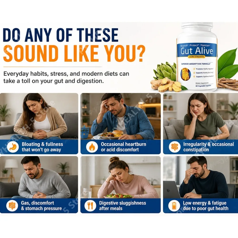 Gut Alive Natural Digestive Health Supplement Unique Formula Ease Stomach Bloating Gas Indigestion Discomfort 60 Counts