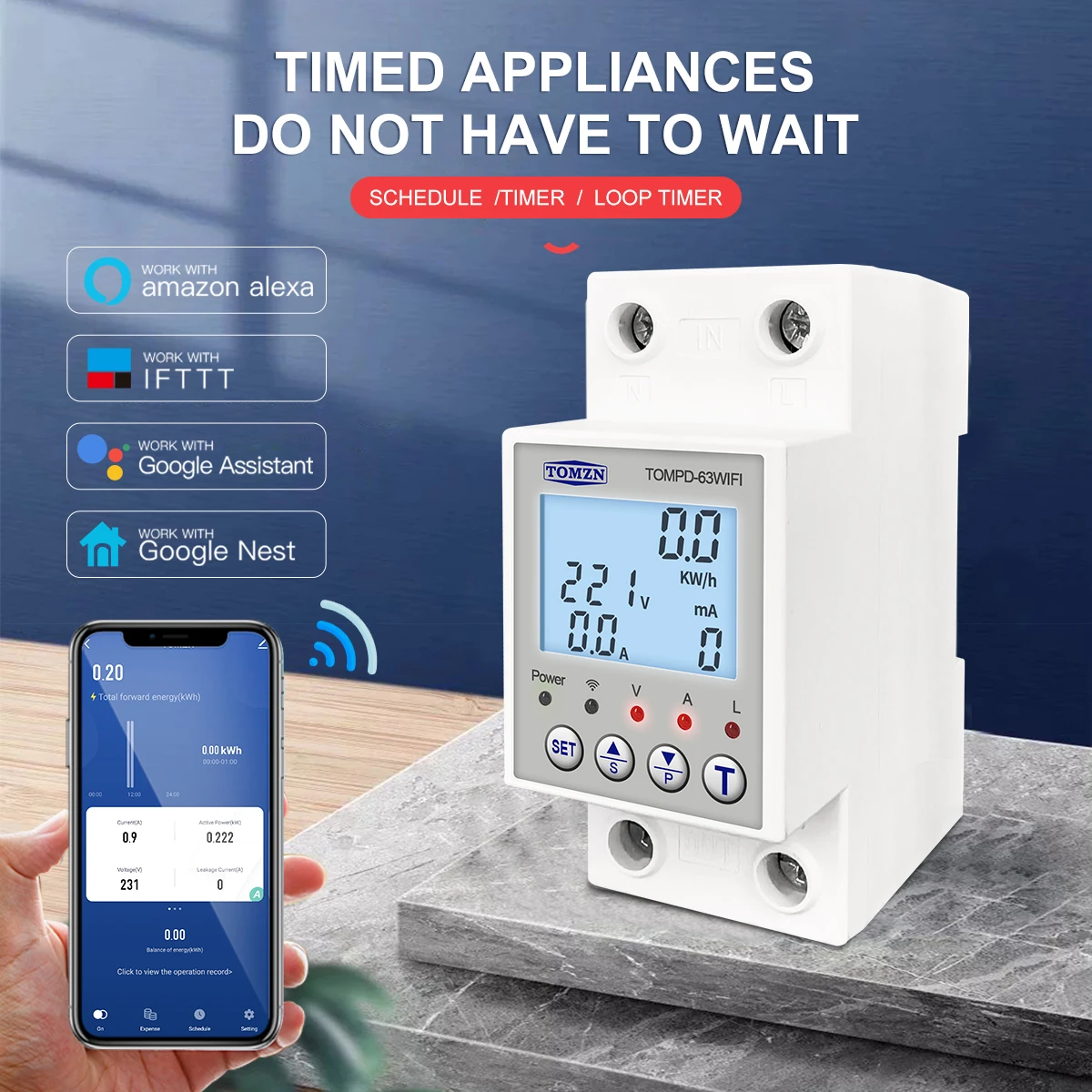 TOMPD-63 Interruttore WFI 63A smartlife TUYA Interruttore automatico Contatore di energia Temporizzatore di misurazione con corrente di tensione e