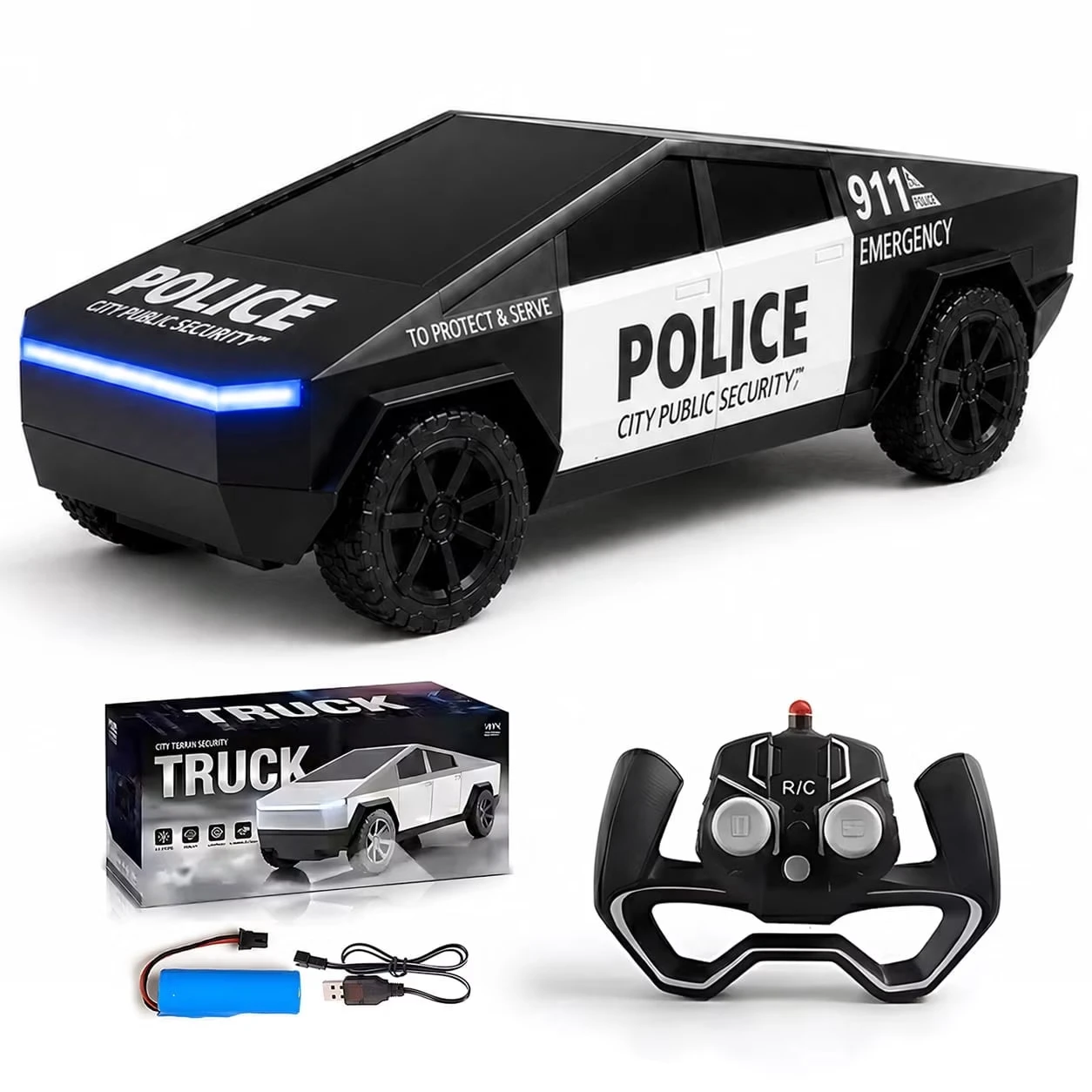 2.4GHz RC Police Car Cyber Truck Toy Rechargeable Off Road Remote Control Car with LED Lights Racing Vehicle for Boys Kids Gift