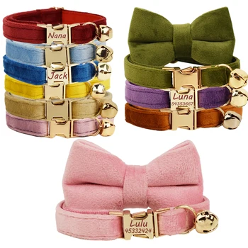 Gepersonaliseerde Halsband Voor Kat Kitten Kraag Fluwelen Puppy Kleine Honden Kragen Aangepaste Gravure Naam Kat Ketting Met Klokkenboog