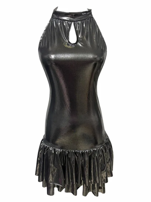 Passion Mature New Spicy Girl Design Metal Feel Hanging Neck Sleeveless Sexy Dress Female Open Backpack Hip Short Dress AUCW