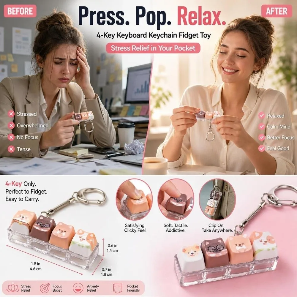 4 Keys Anti-stress Pendant Keyboard Mechanical Creative Dog Keychain Finger Button Pass the Time Decompression Keyring