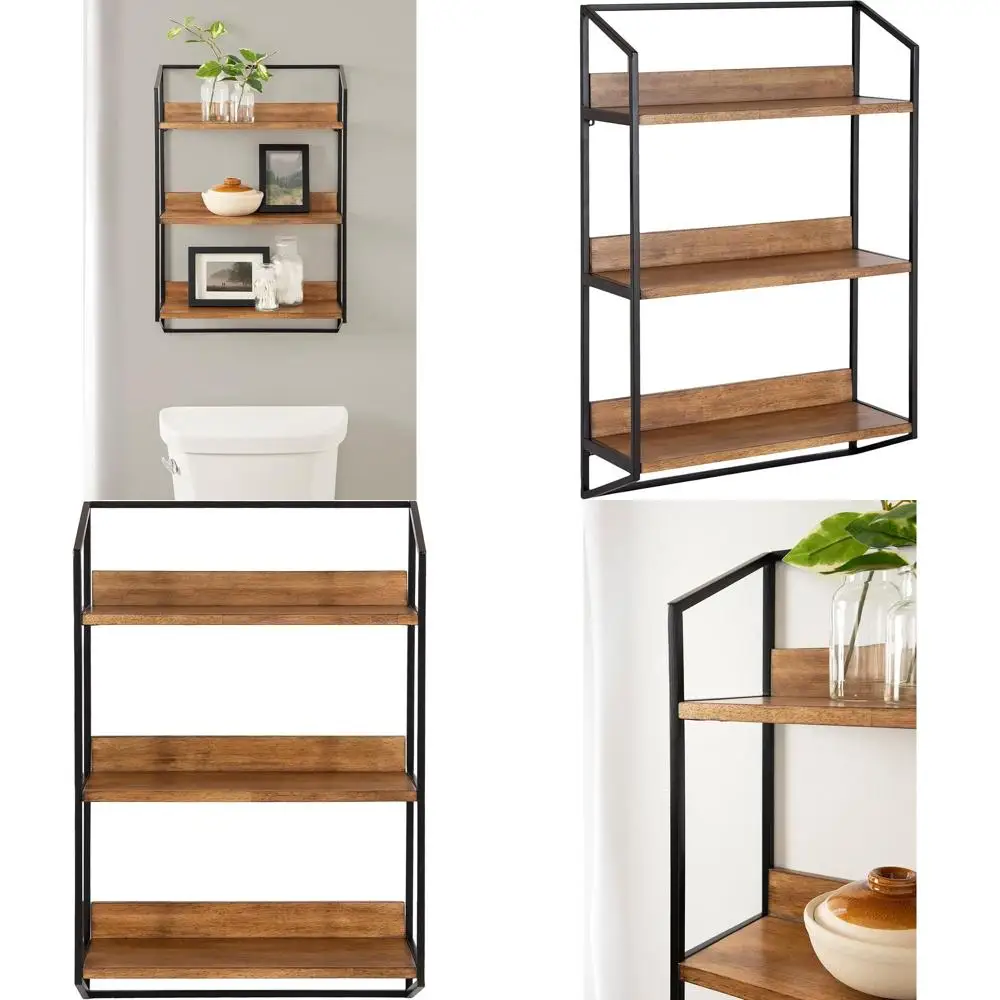 

3-Tier Rustic Floating Wall Shelf - 18 x 7 x 28, Black & Brown, for Display and Storage