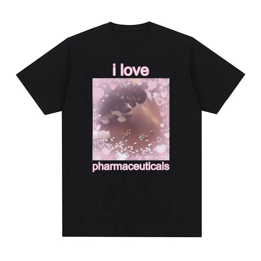 I Love Pharmaceuticals 귀여운 고양이 밈 그래픽 티셔츠, 재미있는 남녀공용 상의, 반팔 티셔츠, 100% 면, 오버사이즈 티셔츠