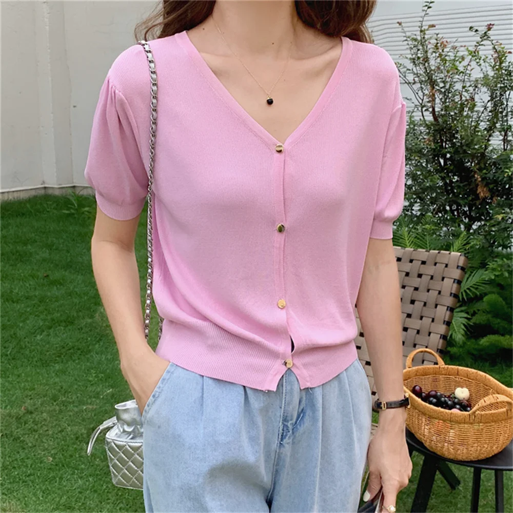 

Alien Kitty Summer Thin Coats Short Sleeve Women V-Neck Loose Knitted Gentle 2023 Cardigans Sweaters Elegant Solid New Casual