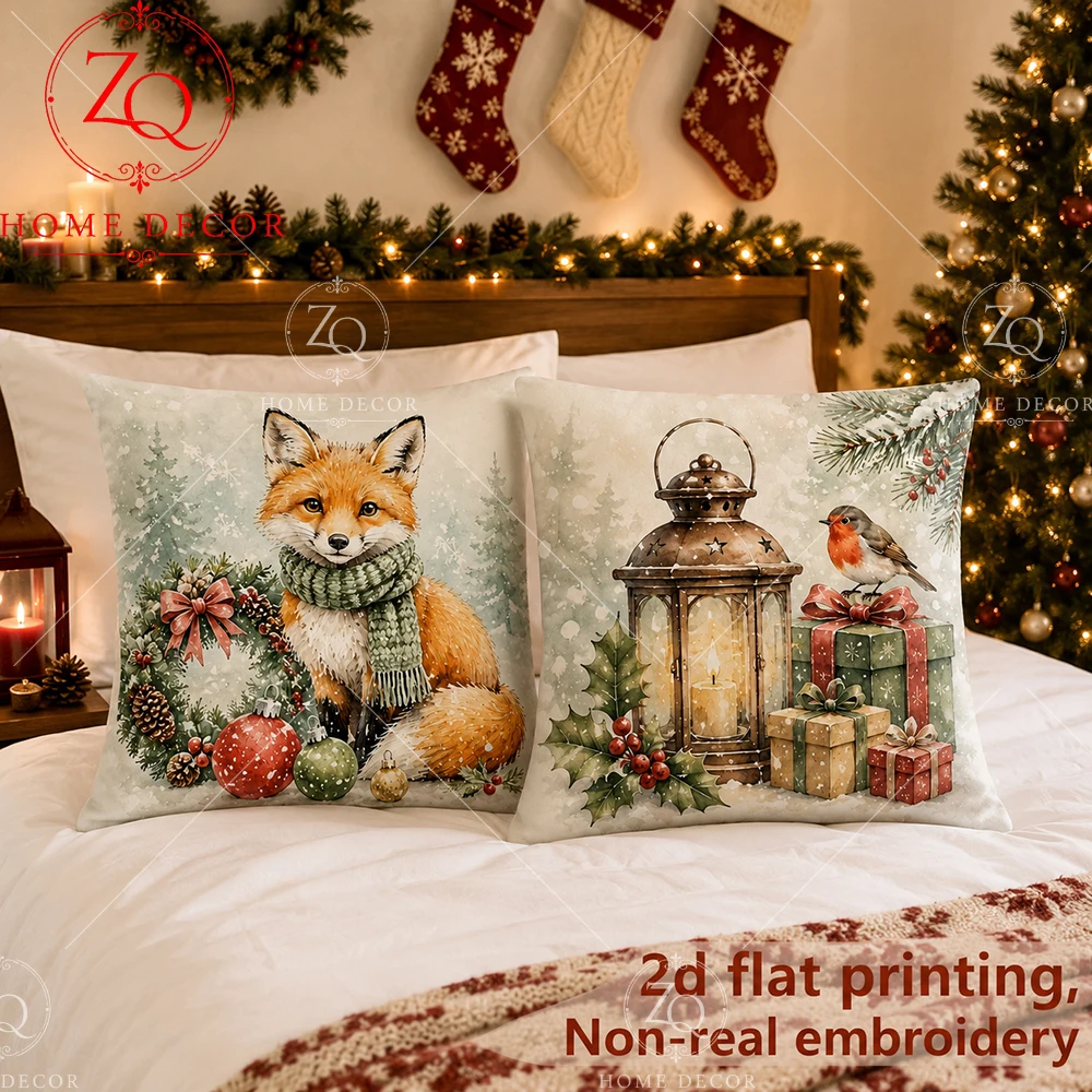 Winter Lantern Robin Pillow Cover 2D Flat Printed Peach Skin Throw Pillowcase Christmas Holiday Farmhouse Couch Home Decoration