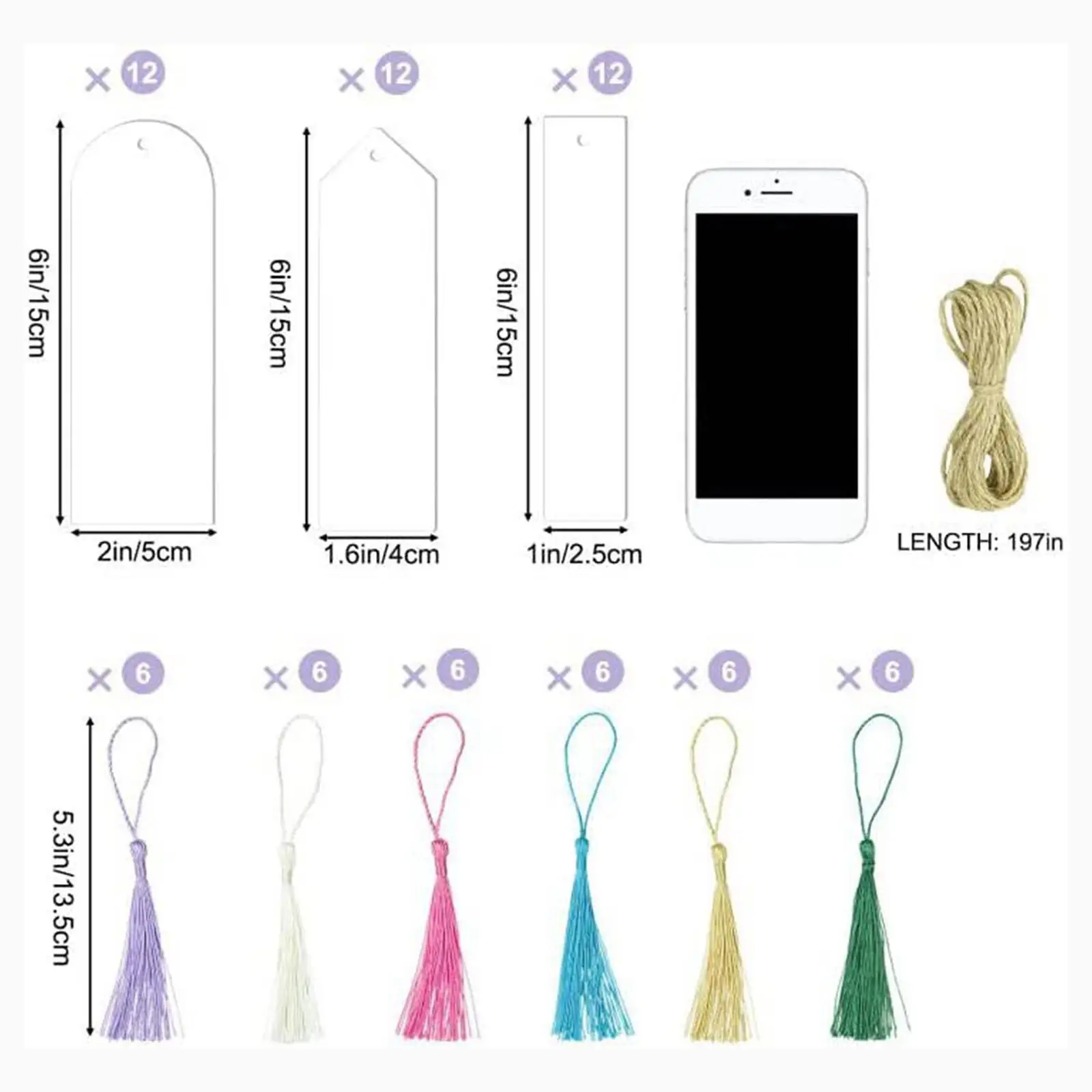 36Pcs Unfinished Acrylic Bookmark Durable Ornaments Multicolored , Jute Rope Beautiful Appearance for Handicrafts, Business