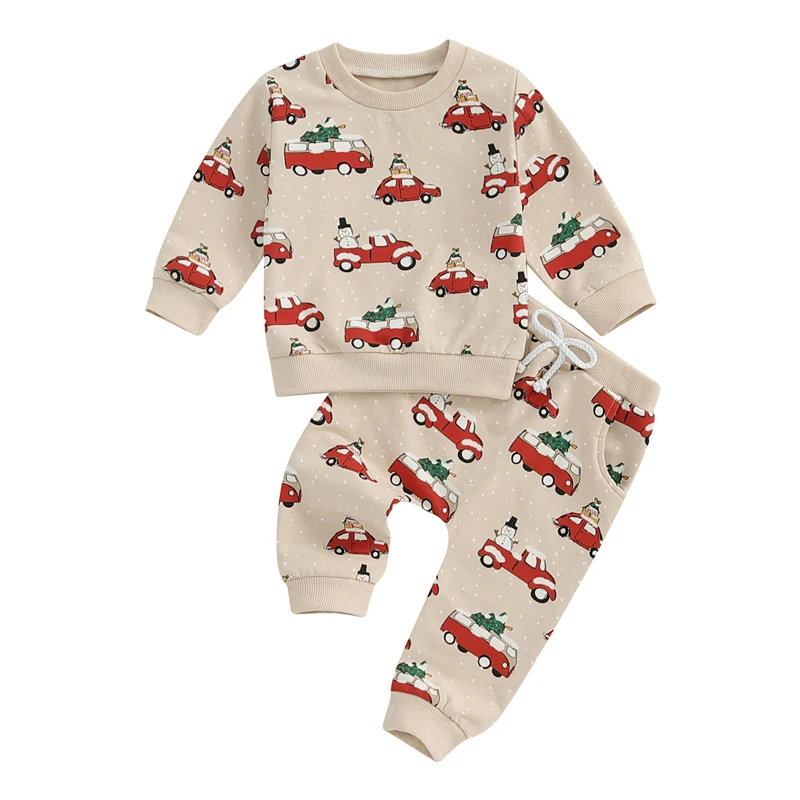 FOCUSNORM 0-3Y Christmas Baby Boys Autumn Clothes Sets Cartoon Car Snowman Print Long Sleeve Sweatshirt Tops Pants