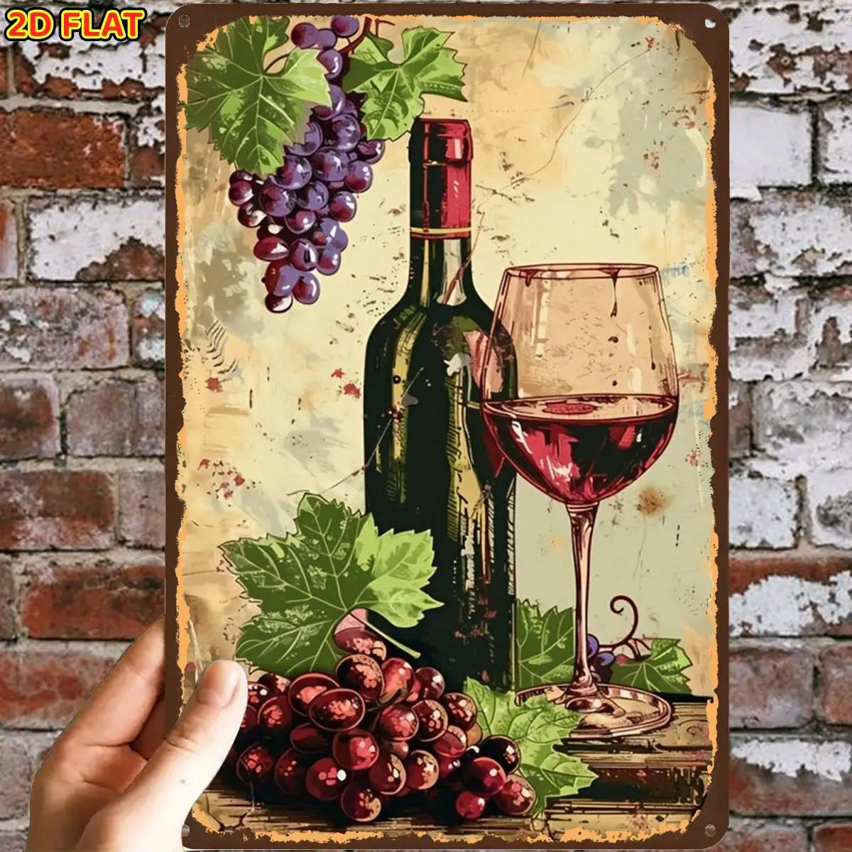 Vintage Wine Glass And Grapes Art Print Metal Iron aluminum Sign, Pre-Drilled Holes, Suitable for Indoor, Garden, Outdoor