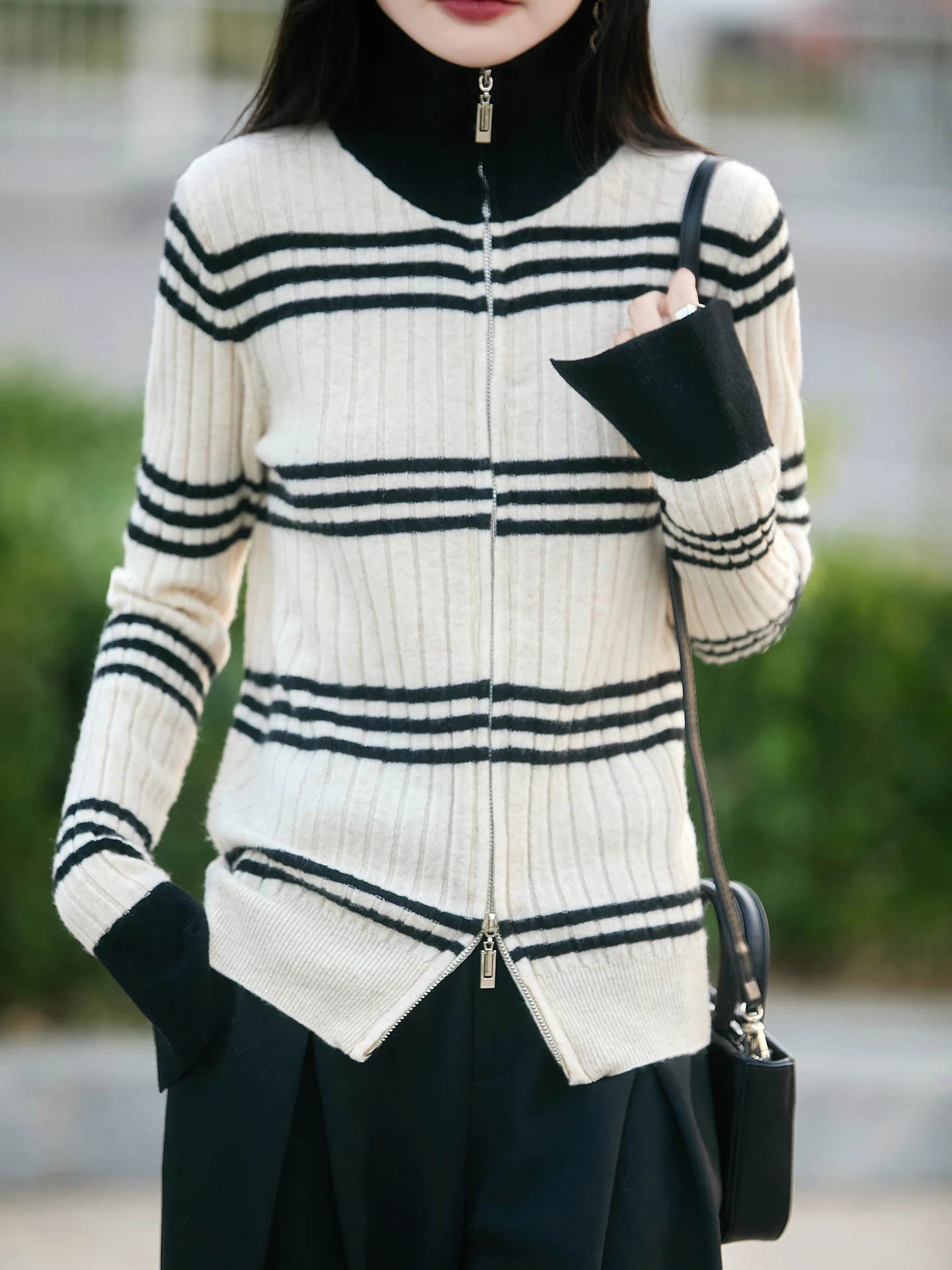 

Ladies Cardigan100% Merino Wool Stripe Collision Color High Neck Sweater Autumn Winter Double Zipper Knit Cable Cloth Slit Hem