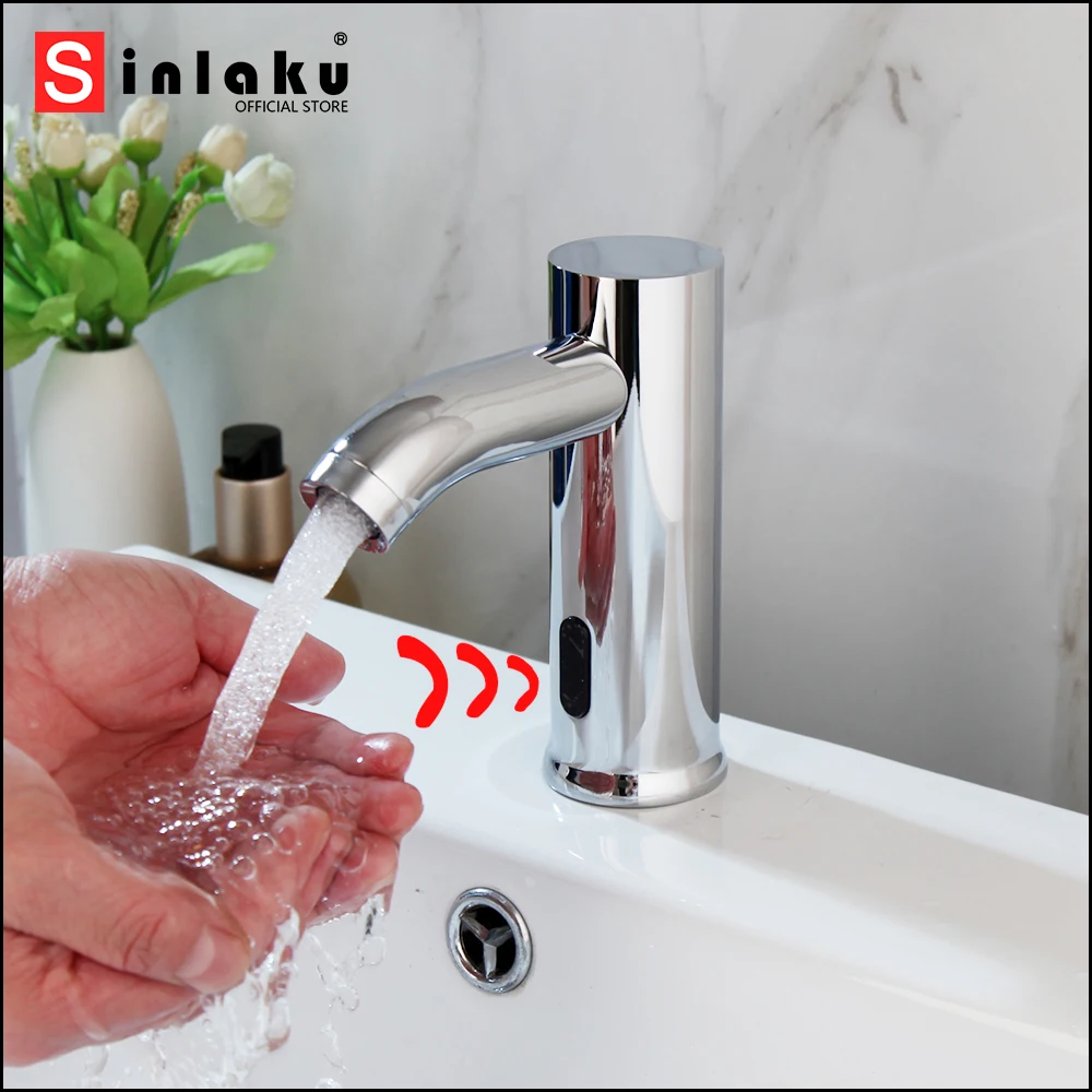 

SINLAKU Chrome Polished Bathroom Basin Automatic Sensor Faucet Touch Free Deck Mounted With Hot Cold Water Quick Open Mixer Taps