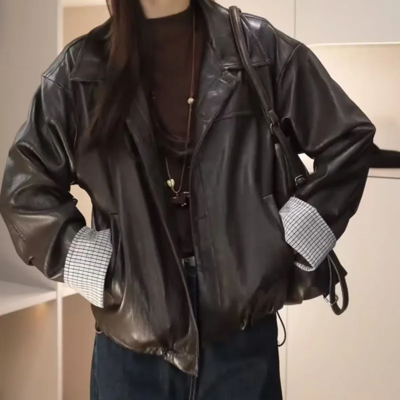 Autumn and Winter New Casual All Match Fashion Collar Leather Jacket, Autumn PU Leather Jacket, Short Jacket Vintage Top