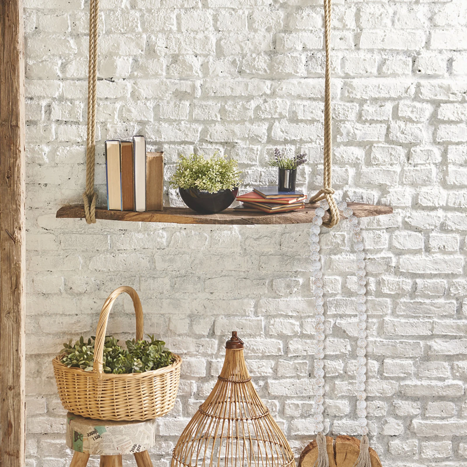 

Farmhouse Wood Bead Tassels Garland Wall Decor Jute Hanging Chain Tiered Tray Coffee Table Decoration Boho Style