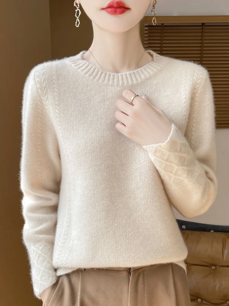 

Thick Women's Casual Elegant Pullover O-Neck 100% Merino Wool Knitted Sweater Autumn Winter Warm Solid Cable Stitch Clothing Top