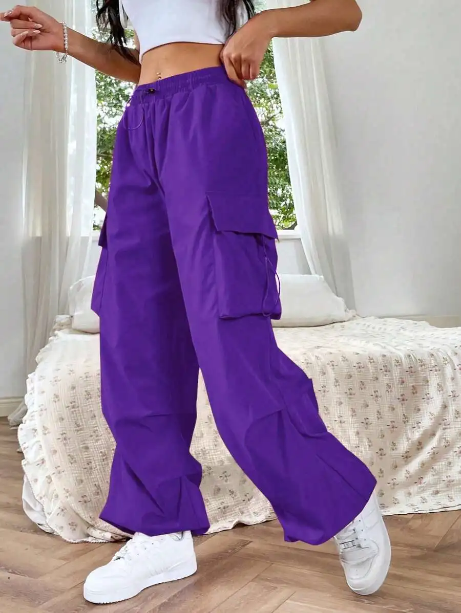 

Purple Cargo Pants With Flap Pockets And Side Drawstring Waist