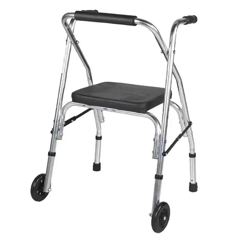 Foldable Aluminum Alloy Elderly Walker, Adjustable Height with Seat & Wheels, 100kg Load Capacity