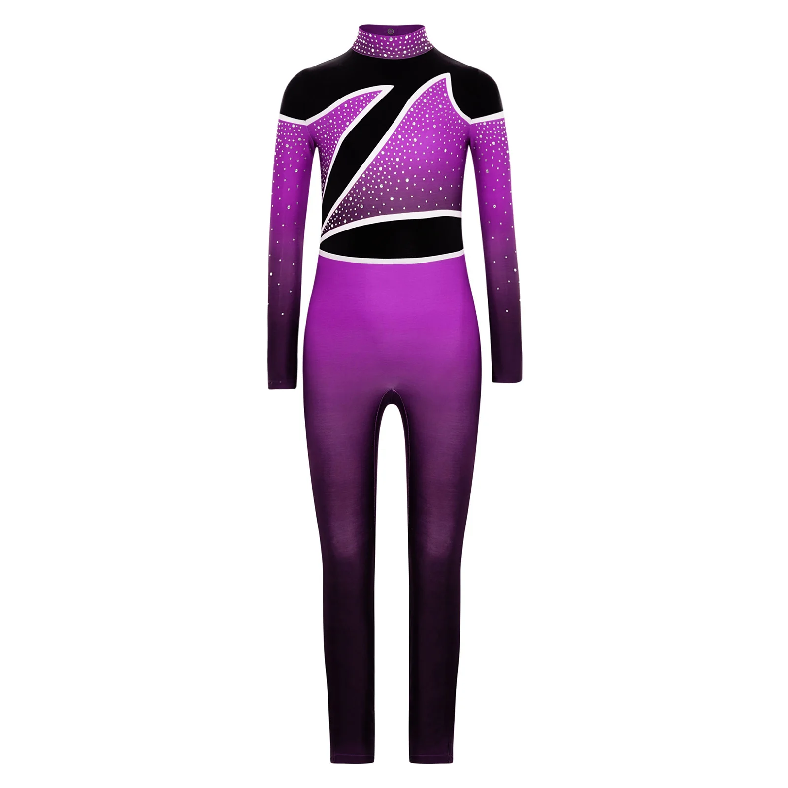 

Kids Girls Ballet Gymnastics Jumpsuit Figure Skating Modern Contemporary Dancewear Long Sleeve Keyhole Back Rhinestones Bodysuit