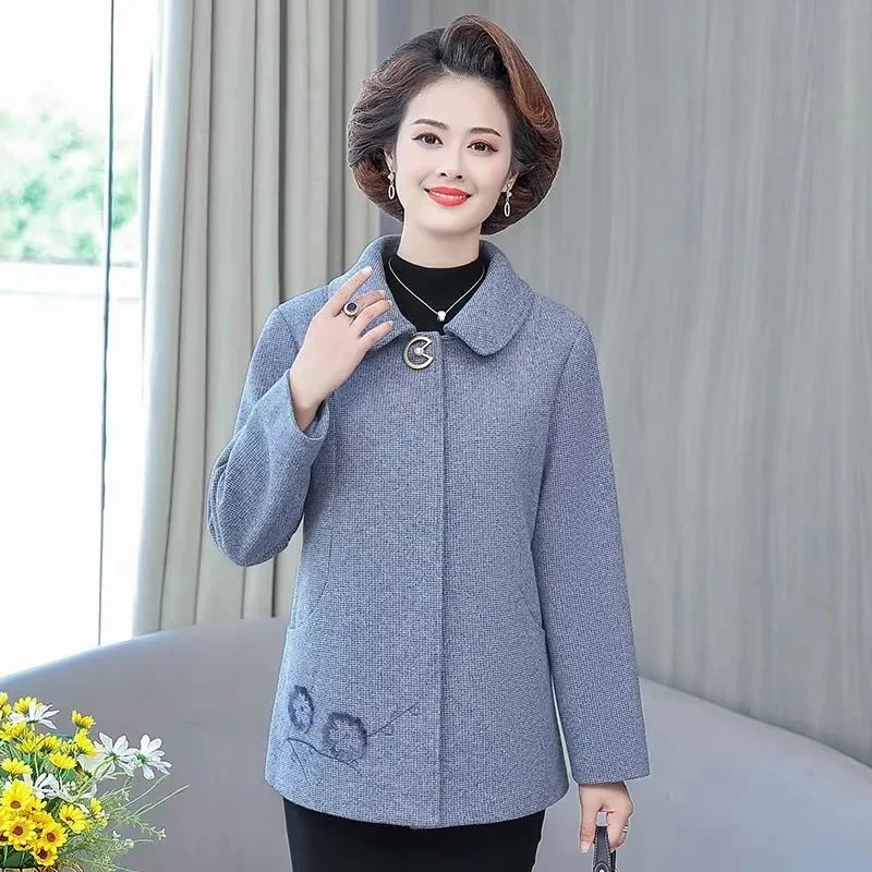 Spring Autumn Ladies Embroidery Woollen Overcoat Middle Aged Mother Large Size Wool Blend Jacket Women Long Sleeves Woolen Coat