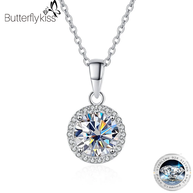 Butterflykiss 0.5/1.0CT Moissanite Diamond Pendant Necklaces For Women S925 Sterling Silver Plating Pt950 Luxury Wedding Jewelry