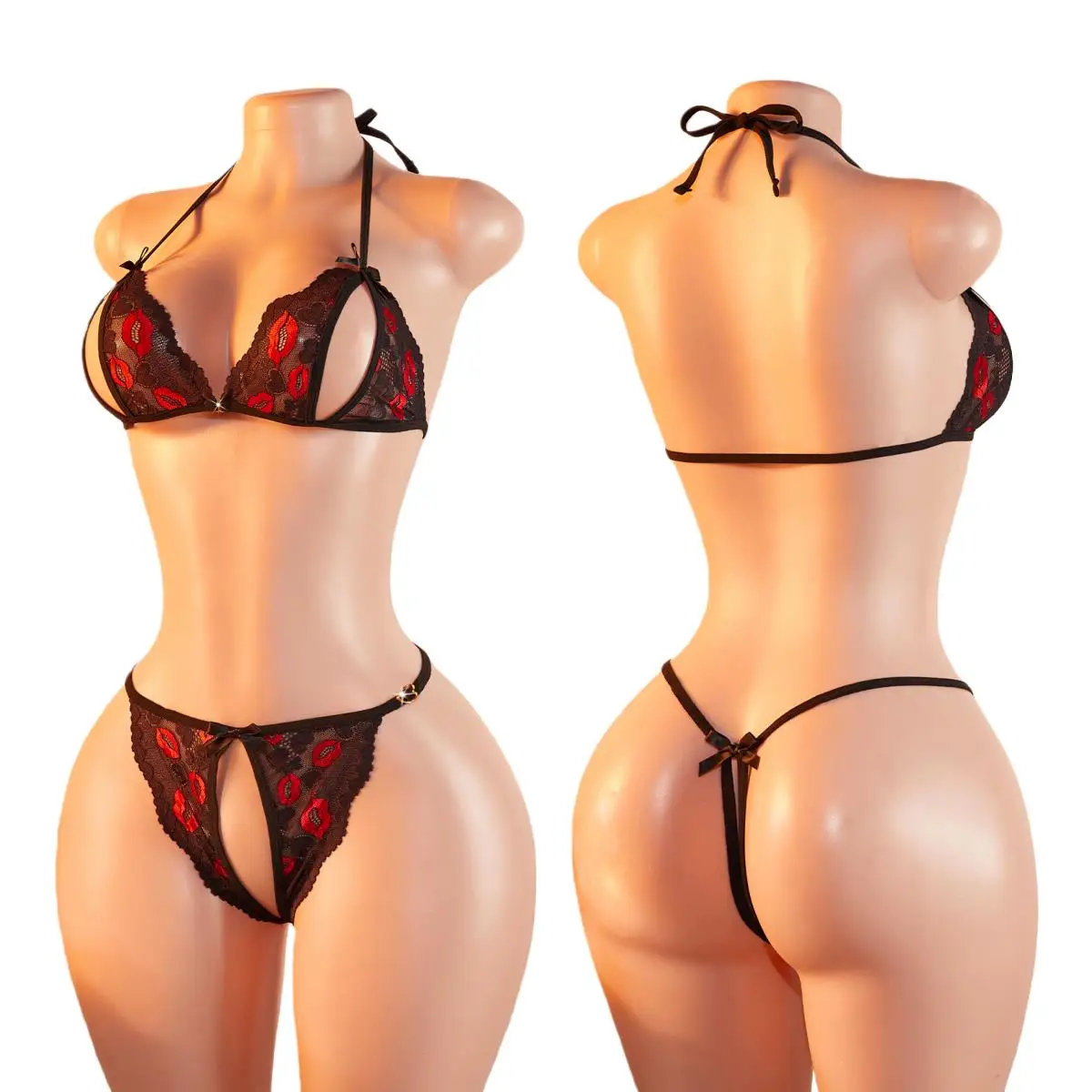 Seductive Red Lip Black Halter Front-Closure Bra & Thong Sets Summer Female Underwear Cute Erotic Sexy Lingerie Suit 2-Piece Set